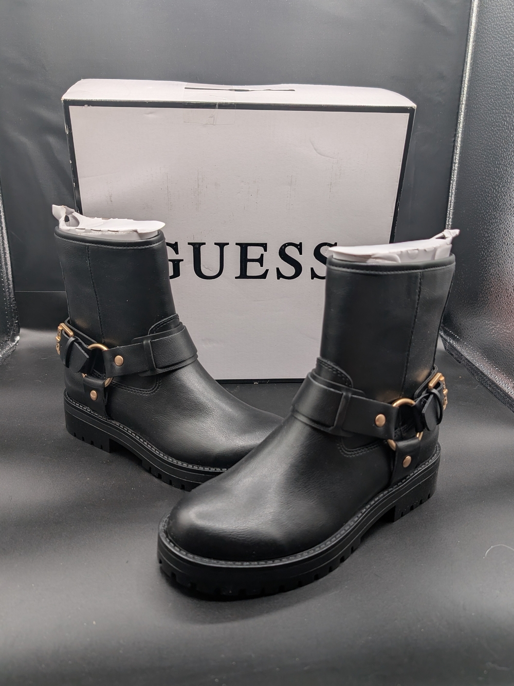 GUESS Women's Black Leather Harness Boots